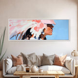 Pink Headdress, modern portrait, southwest wall art, moody art, framed canvas print, light pink wall art, gift idea for her