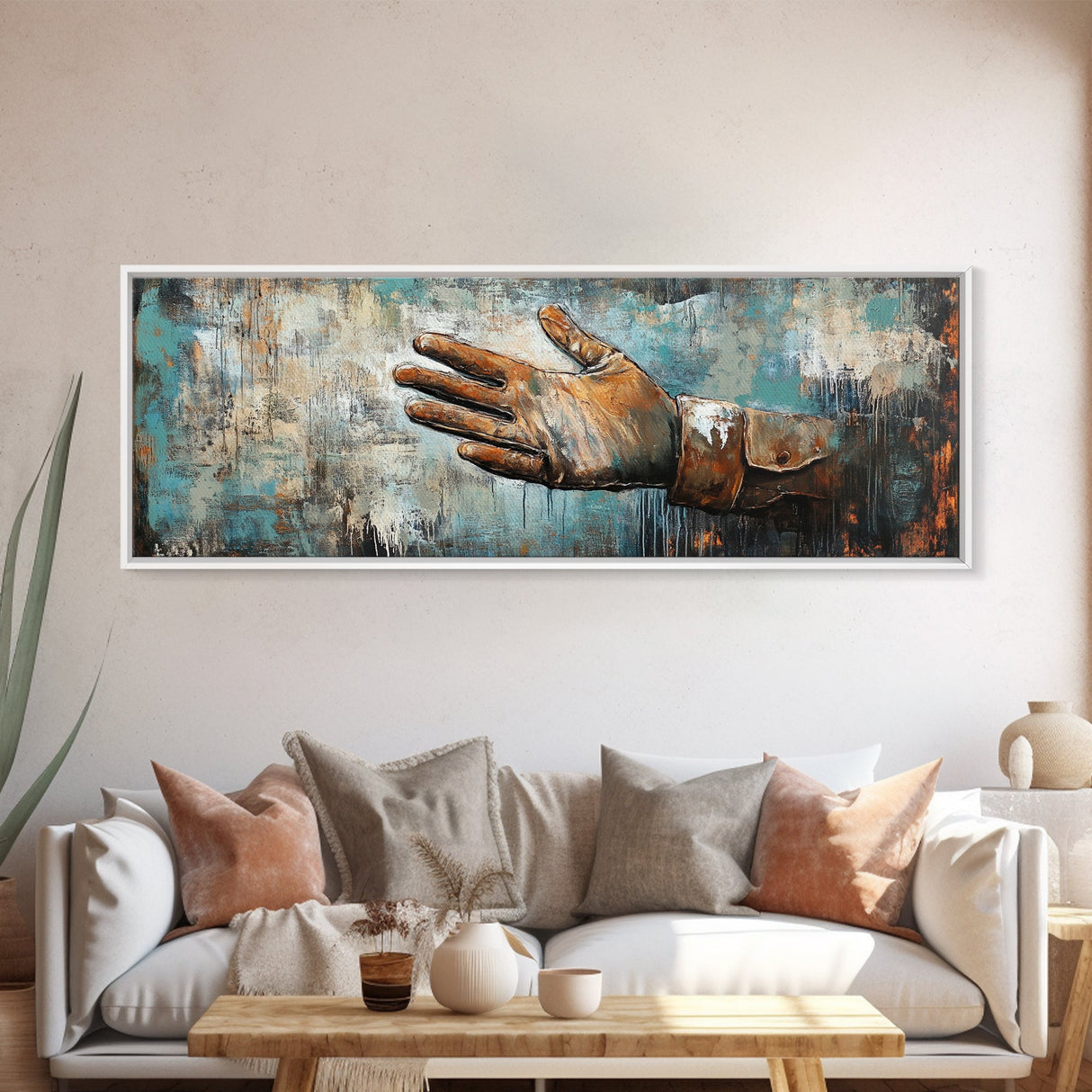 Rustic Leather Glove Art, Framed Canvas Print, Wabi Sabi Wall Art, Moody Art, Teal Wall Art, Extra Wide Art, Farmhouse Art