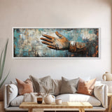 Rustic Leather Glove Art, Framed Canvas Print, Wabi Sabi Wall Art, Moody Art, Teal Wall Art, Extra Wide Art, Farmhouse Art