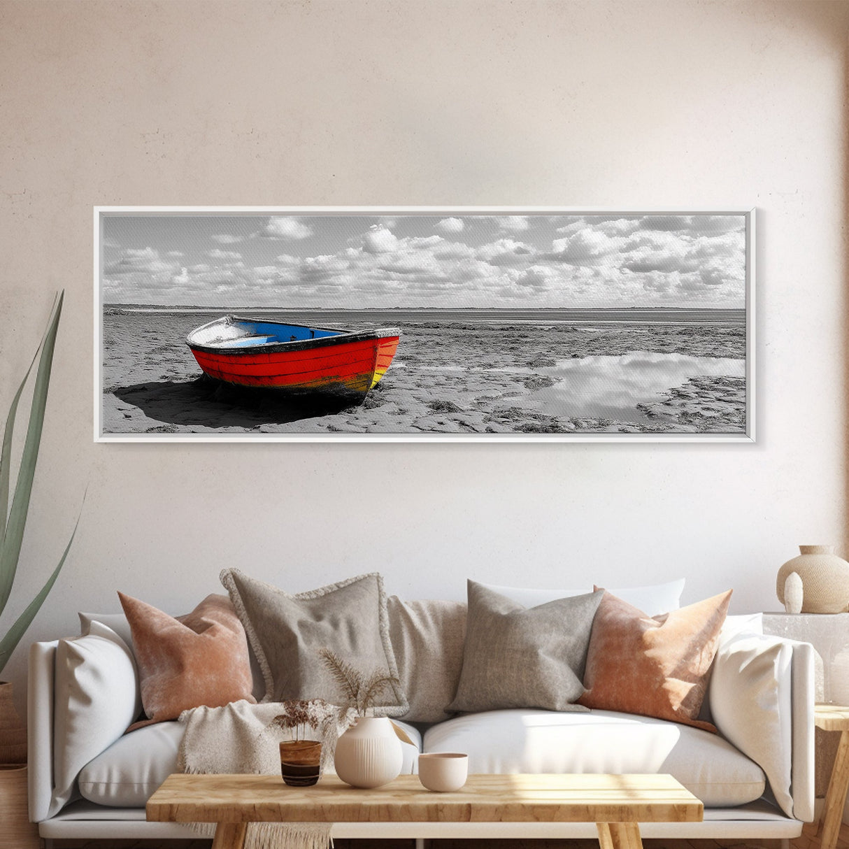 Stranded Boat, Coastal Landscape Art, Nautical Decor, Rustic Wall Art, Extra Wide Art, Panoramic Art, Framed Canvas Print, Gift Idea