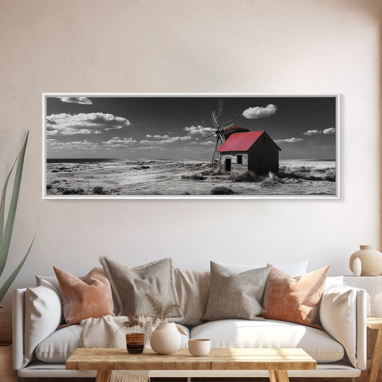 Windmill, Rustic Art, Southwest Wall Art, Farmhouse Art, Extra Wide Art, Wabi Sabi Art, Framed Canvas Print, Minimalist Art