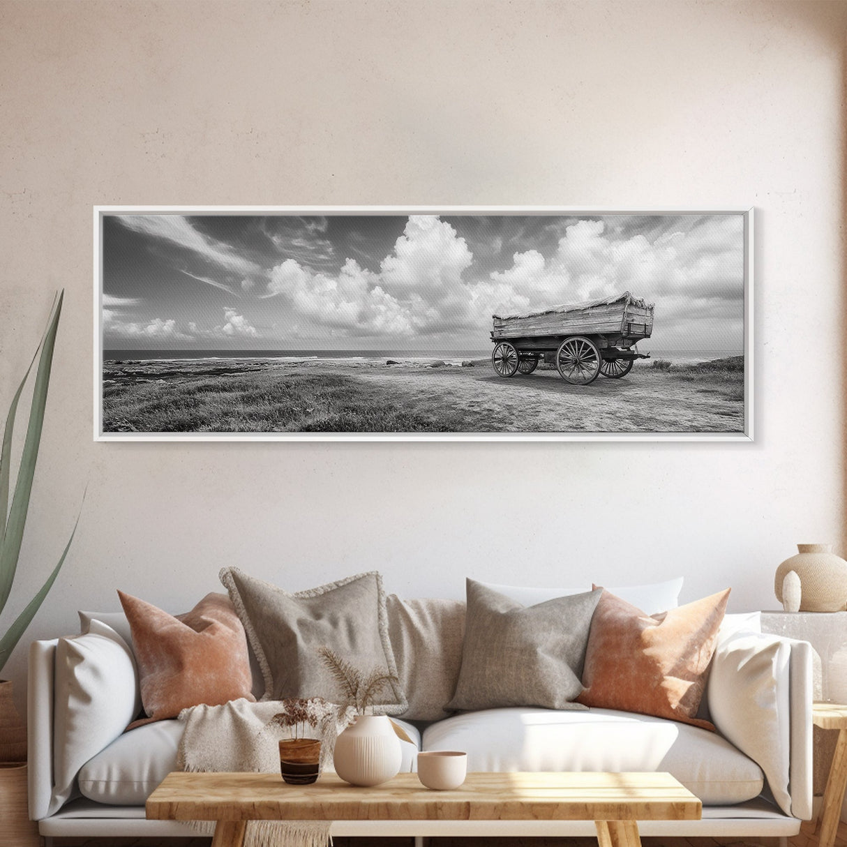 Rustic Wagon, coastal landscape art, extra wide art, panoramic painting, farmhouse art, framed canvas print, nautical wall art