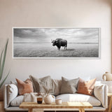 Lone buffalo, western landscape, rustic wall art, panoramic art, extra wide art, farmhouse decor, framed canvas print, wildlife painting, bull and bear art