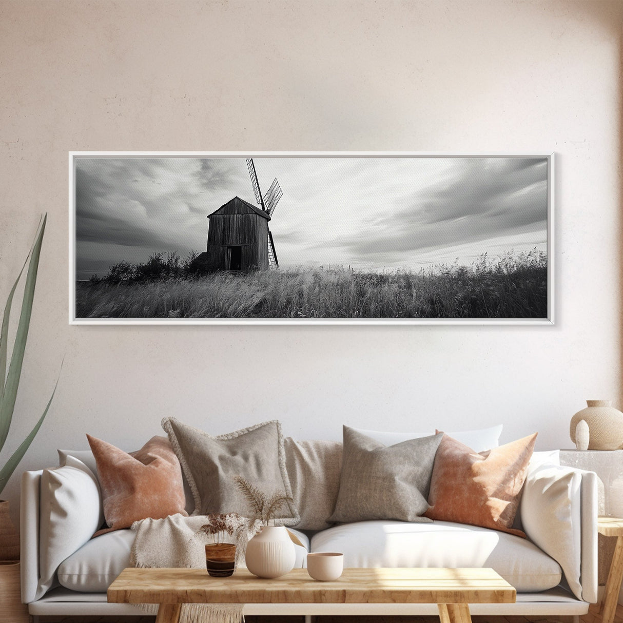 Rustic Windmill, panoramic art, farmhouse art, extra wide wall art, windmill wall art, landscape painting, framed canvas print