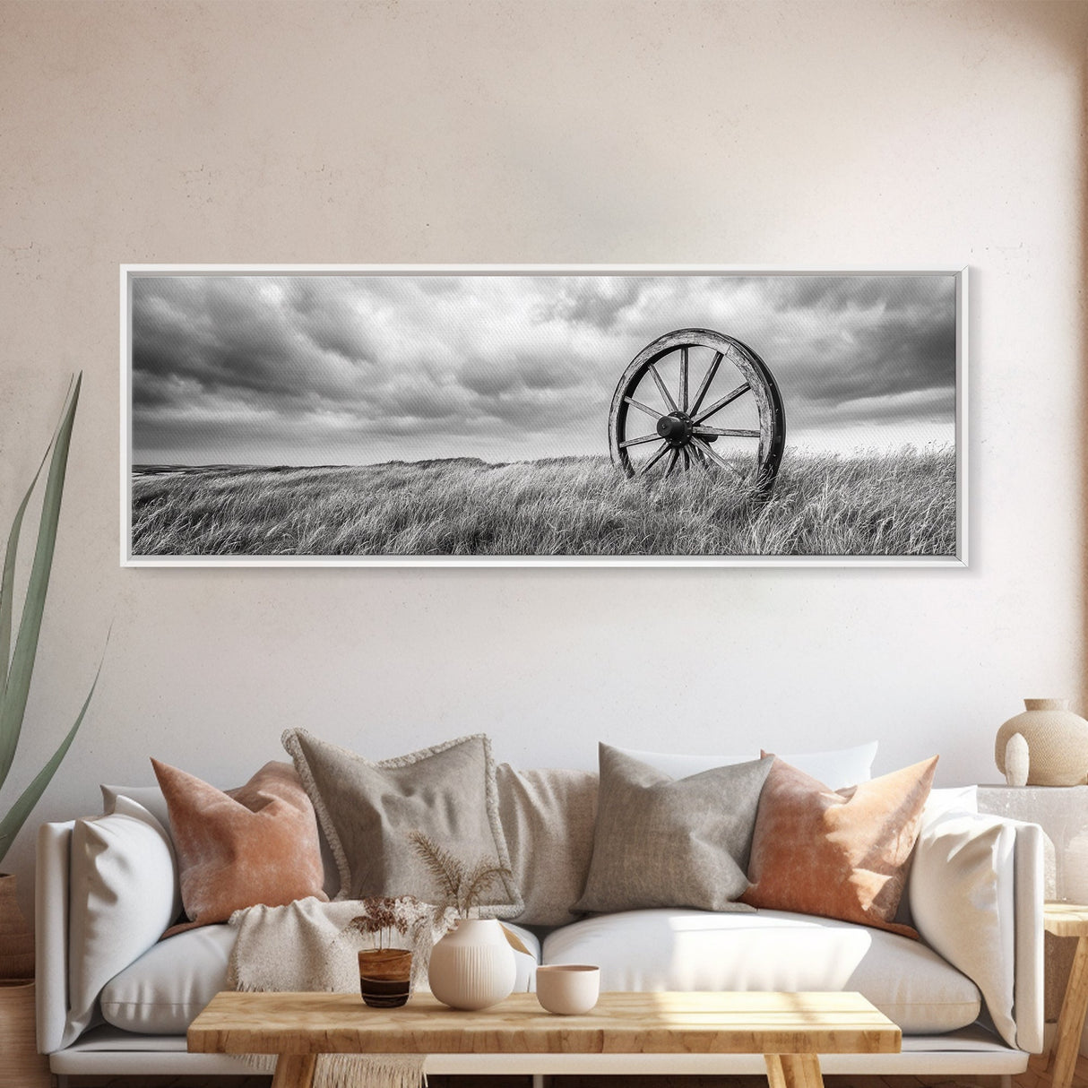 Wagon Wheel, rustic decor, farmhouse art, extra wide art, panoramic painting, country decor, cowboy art, framed canvas print, moody art