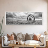 Wagon Wheel, rustic decor, farmhouse art, extra wide art, panoramic painting, country decor, cowboy art, framed canvas print, moody art