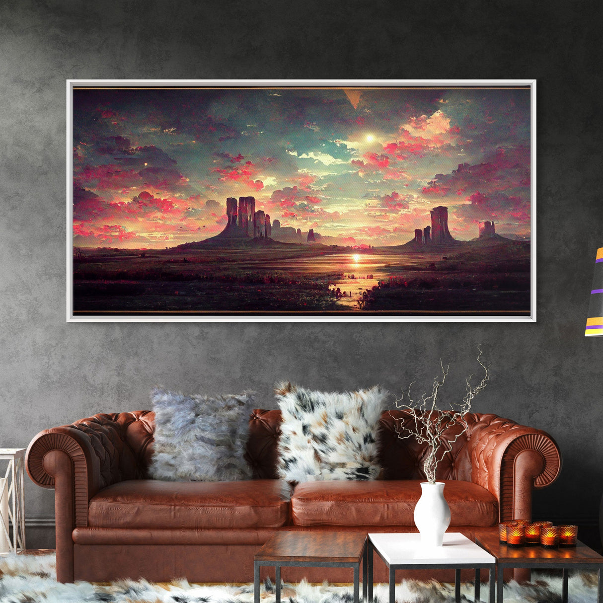 Mountain Sunset Oil Painting Canvas Print, Ready to hang gallery wrapped nature canvas print, synthwave style nature art