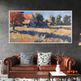 Tranquil Farmhouse with Red Roof, Framed Canvas Print, Great for Living Room Art, Pastoral Home Decor, Peaceful Bedroom Wall Art