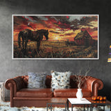 Dark Horse at Sunset with Barn, Stunning Abstract Art, Framed Canvas Print, Boho Wall Art, Bedroom Decor, Unique Home Decoration