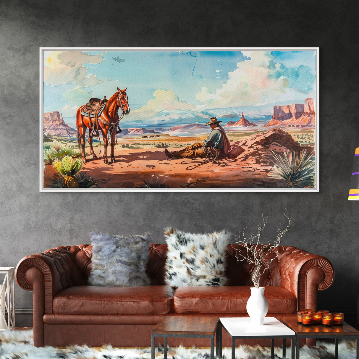 Cowboy Resting with Horse in Desert Landscape, Classic Western Art, Framed Canvas Print, Rustic Wall Decor, Living Room Decoration