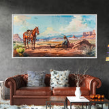 Cowboy Resting with Horse in Desert Landscape, Classic Western Art, Framed Canvas Print, Rustic Wall Decor, Living Room Decoration