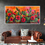 Lush desert landscape with blooming cacti at sunset, Framed Canvas Print, ideal for minimalist living room, wall art decor