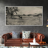 Horse Grazing in Pasture by Farmhouse, Antique Style Framed Canvas Print Country Living Room Decor, Rustic Farmhouse Wall Art, Nature Scene