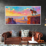 Cowboy Overlooking Monument Valley, Farmhouse Style Framed Canvas Print for Bedroom Wall Art, Rustic Home Decor, Scenic Western Landscape