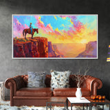 Cowboy on Horse Under Vibrant Sky, Farmhouse Style Framed Canvas Print for Bedroom Wall Art, Rustic Home Decor, Western Scenic Art