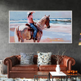 Horseback Riding by the Sea, Calm Framed Canvas Print, Perfect for Coastal Living Room Art, Beach Bedroom Decor, Equestrian Wall Art