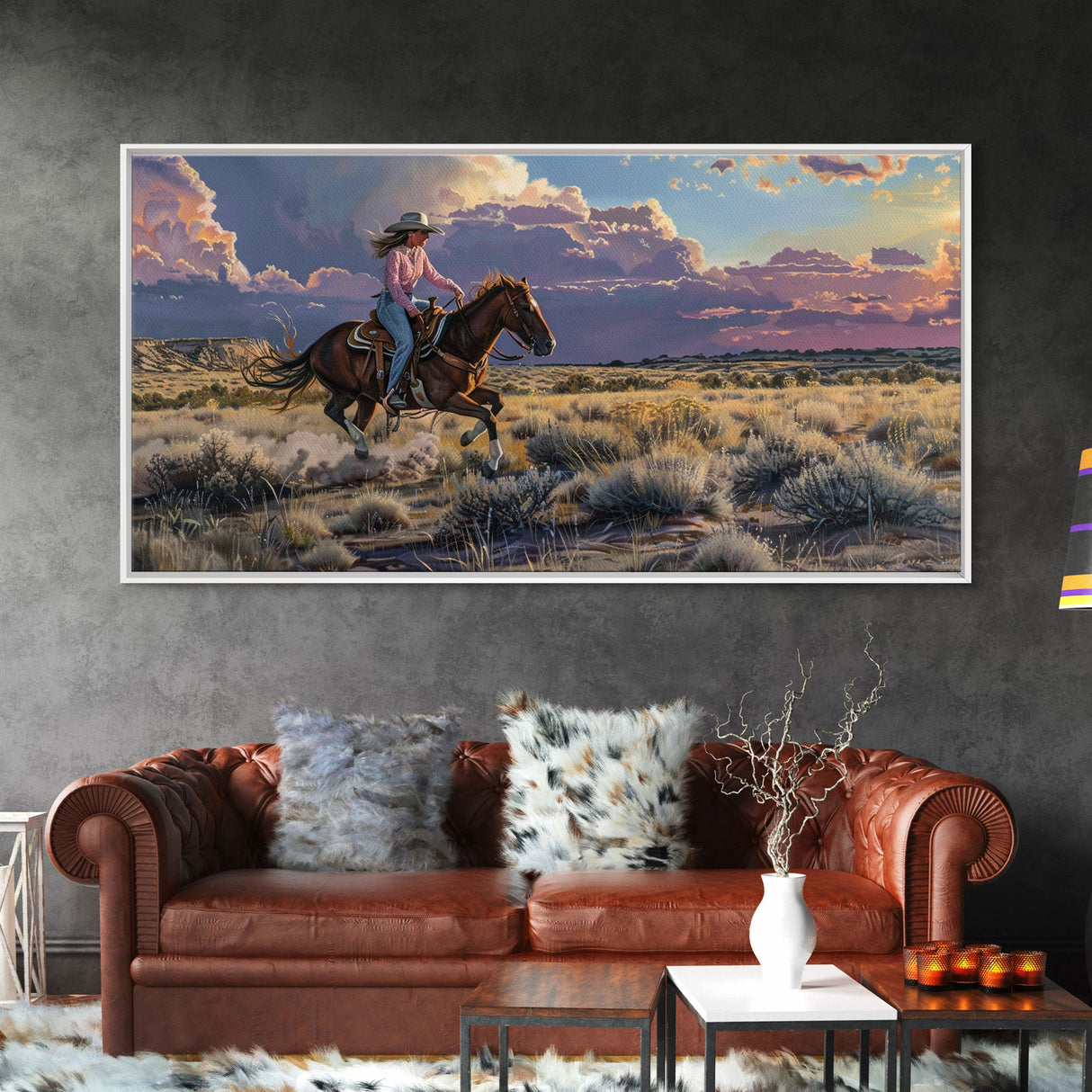 Cowgirl Galloping Across Desert Landscape, Vibrant Framed Canvas Print, Perfect for Living Room Art, Western Bedroom Decor, Desert Wall Art