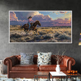 Cowgirl Galloping Across Desert Landscape, Vibrant Framed Canvas Print, Perfect for Living Room Art, Western Bedroom Decor, Desert Wall Art