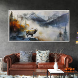Majestic Elk in Misty Mountains, Framed Canvas Print, Perfect for Living Room Art, Rustic Bedroom Decor, Nature Wall Art, Wildlife Scene