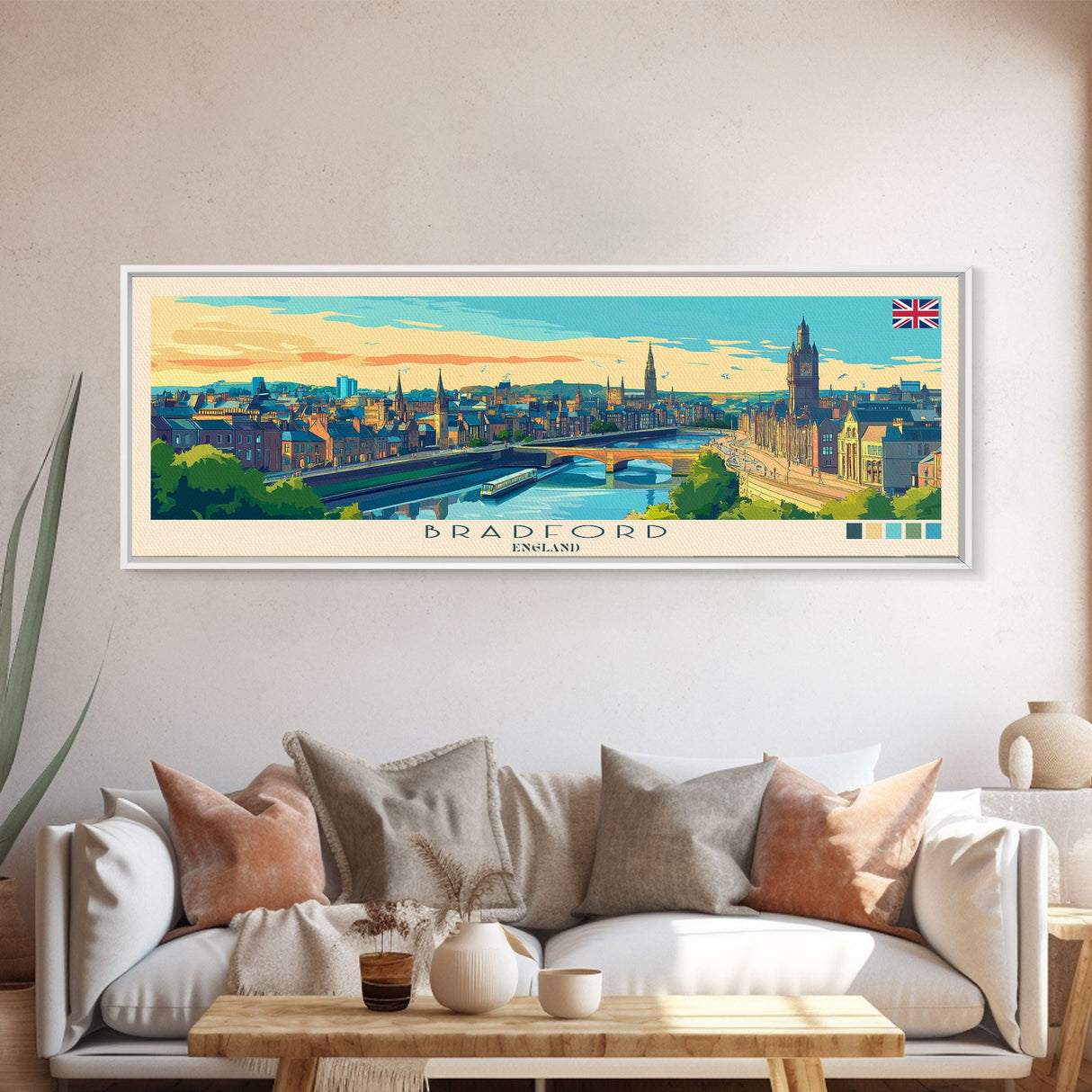 Bradford, England Panoramic Travel Poster Canvas Print, Bradford, England Painting, England Art, Bradford Travel Art, Guest Room Painting