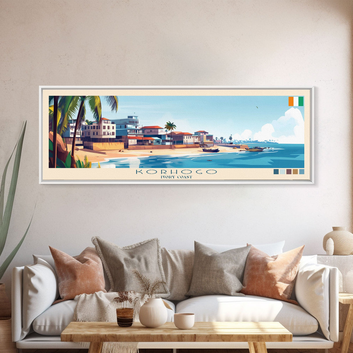Korhogo, Ivory Coast Panoramic Travel Poster Canvas Print, Korhogo, Ivory Coast Painting, Ivory Coast Art, Korhogo Travel Art, Living Room Painting
