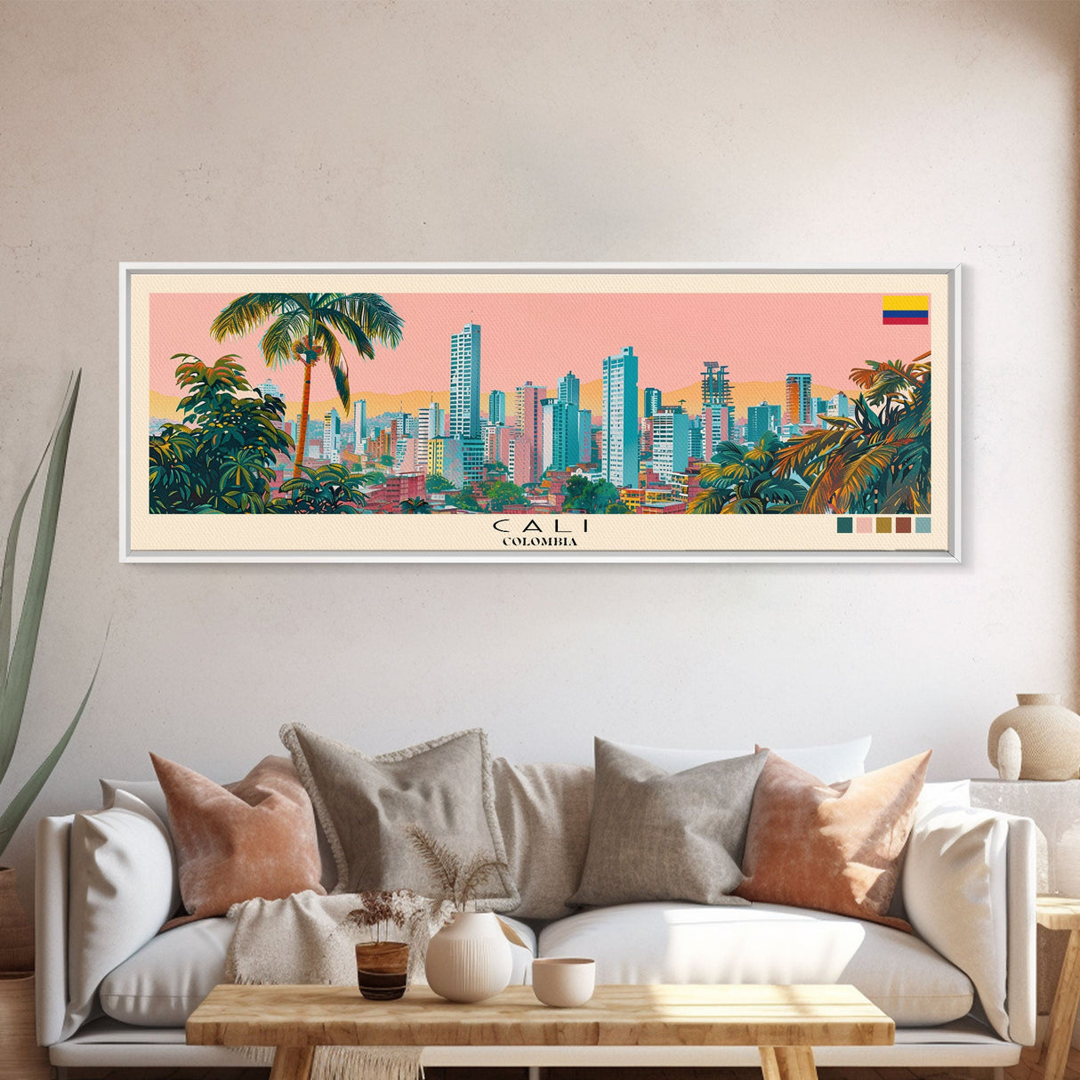 Cali, Colombia Panoramic Canvas Print, Cali, Colombia Painting, Colombia Art, Cali Travel Poster, Travel Art, Vacation Gift