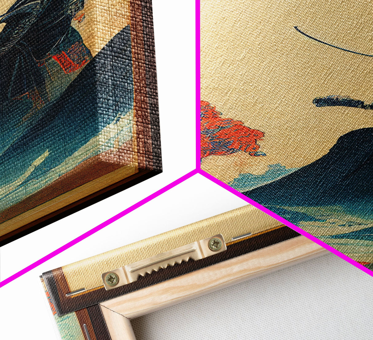 Samurai and Japanese Maple Tree Portrait, Framed Canvas Print, Ready To Hang Framed Wall Art