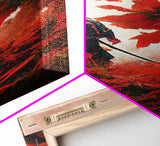 Samurai In a Japanese Maple Forest, Framed Canvas Print, Ready To Hang Framed Wall Art, Living Room Wall Hanging