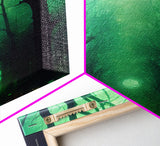 Emerald green city streets under a full moon, cool spooky art, framed canvas print