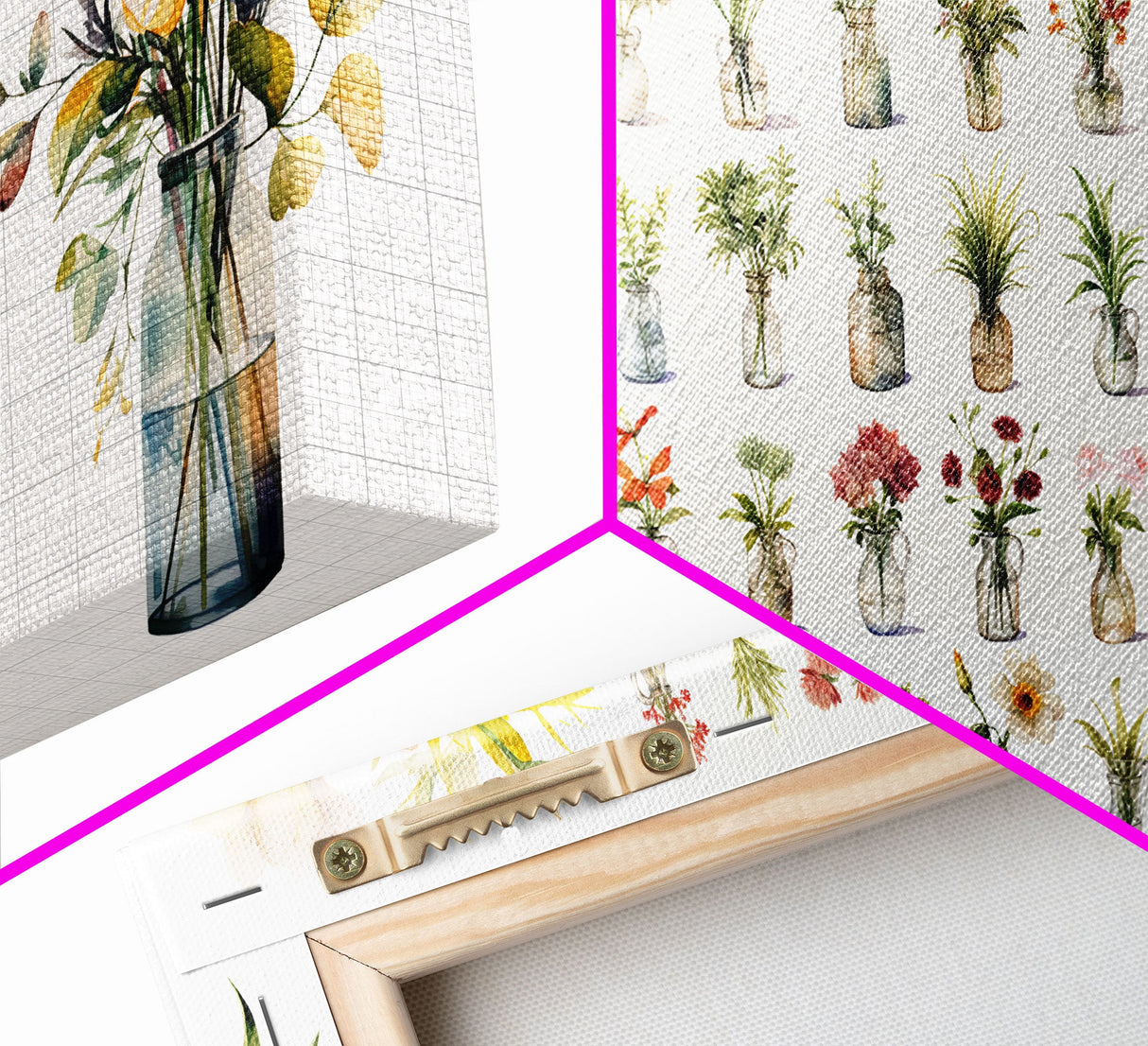 3 Piece Set, Cute Kawaii Floral Print, Flowers In Vases, Framed Wall Art, Canvas Print, Botanical Wall Decor, Dried Flower Large Triptych