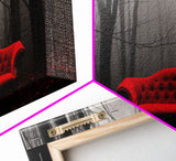 Red Sofa In A Forest Framed Canvas Print, Thought Provoking Art, Framed Art, Creepy Photography, Halloween Art