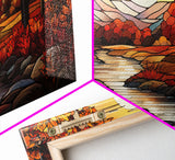 Fall Centerpiece Landscape Painting Canvas Print, Stained Glass Style Art, Stained Glass Wall Art, Autumn Decor, Rustic Fall Art, Fall Decor