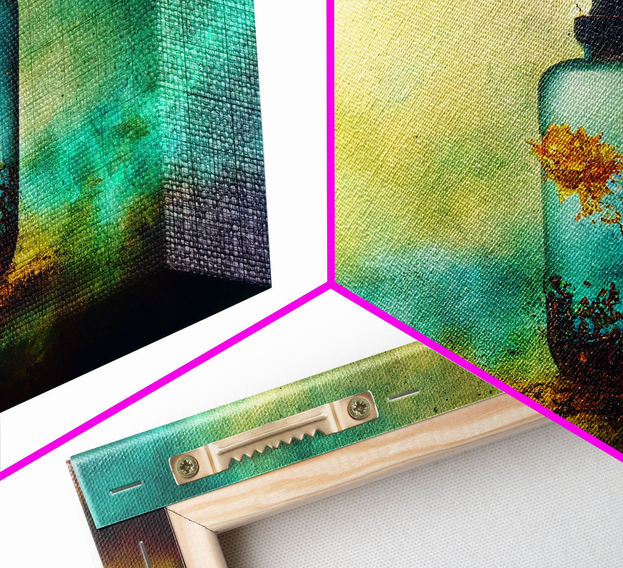 Mini world in a bottle, colorful miniature world art, framed canvas print, ready to hang framed wall art