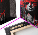 Statue of liberty wearing a bloody blindfold, Dystopian graffiti art, NYC, framed canvas print, pop art Statue of Liberty