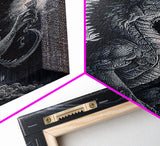 Dragon holding a torch, poster art, black and white dragon