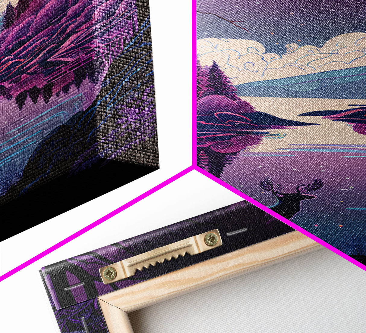 Mystical Deer Purple Forest Lake Wall Art Canvas Print - Serene Nature Scene Vibrant Artwork