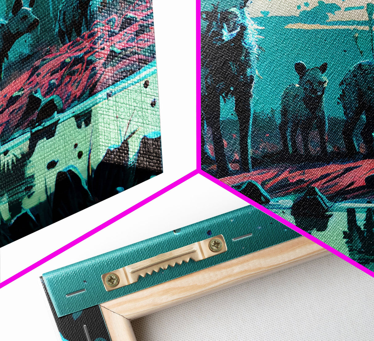 Hyenas at midnight, turquoise vaporwave art, framed canvas print