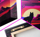 Cute fox in a Utah desert landscape, framed canvas print, framed wall art, synthwave art