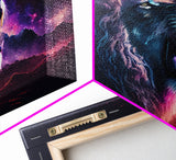 Cosmic Roar, lion roaring at the stars, synthwave galaxy and lion art, framed canvas print, unique framed wall art