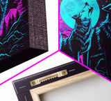 Howl at the moon - turquoise wolf pack howling at the moon, framed canvas print, vaporwave art