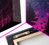 Synthwave Starry Night Time Lapse in a pine tree forest, framed canvas print, timelapse art