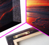 High tide slowly rolling in at sunset, beautiful beach art, framed canvas print