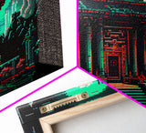 Japanese Pagoda pixel art, cyberpunk style pagoda, framed canvas print