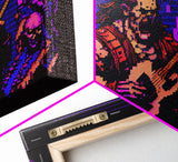 Human bard pixel art, vaporwave RPG concept art, framed canvas print, synthwave tabletop art
