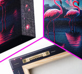 Pink Flamingos against a starry night sky, synthwave vibes, framed canvas print, framed art