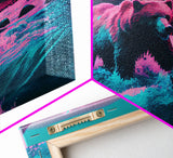 Grizzly bear crossing a river, vaporwave style animal print art, framed canvas print