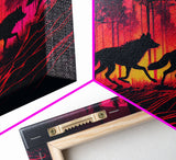 Wolf Pack on the hunt at sunset, synthwave animal art, framed canvas print