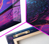 Retro Style Owl Art, Framed Canvas Print, outrun style owl at midnight under a starry sky