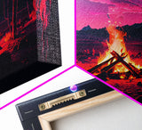 Primitive Art, Campfire Painting Print, Framed Canvas Print, Synthwave Farmhouse Decor