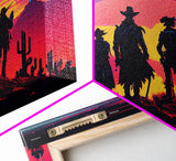 Retro Synthwave Style Wild West Cowboys, framed canvas print, retro outrun style wild west art